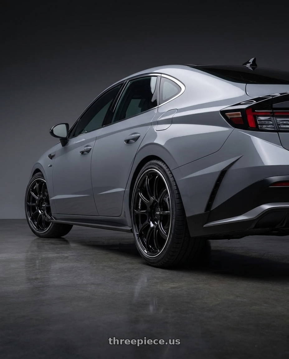2025 Hyundai Sonata N Line with Advan RZ II 5x114.3 19x9.0+45 Racing Gloss Black and Ring wheels rear three quarter view square tires