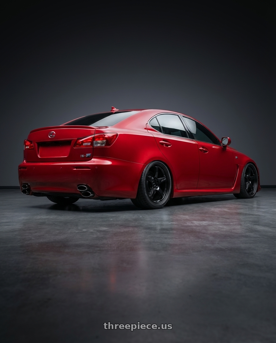 2012 Lexus IS-F with Gram Lights 57CR 5x114.3 19x9.5+35 Glossy Black wheels rear three quarter view slight stretch tires