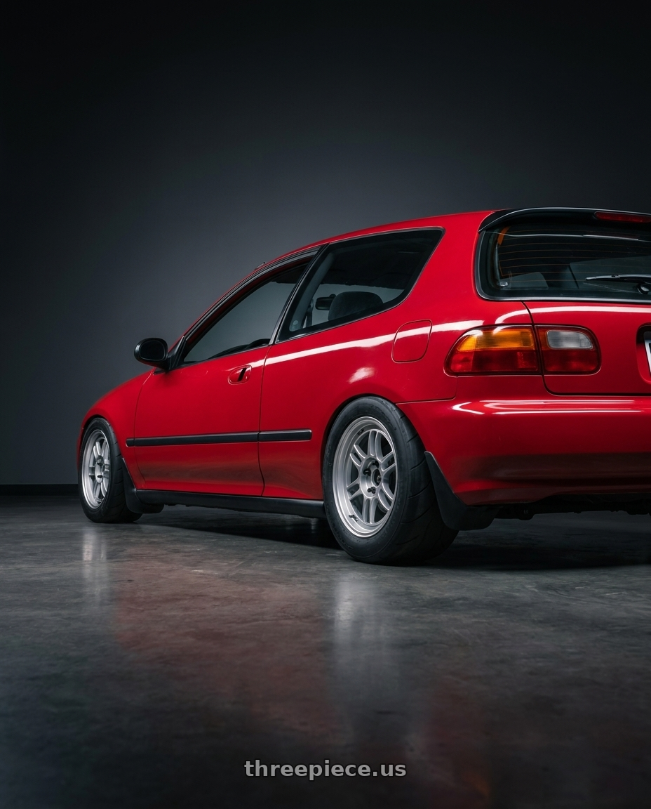1992 honda civic with Enkei RPF1 4x100 15x7+35 Silver wheels rear three quarter view excessive tires