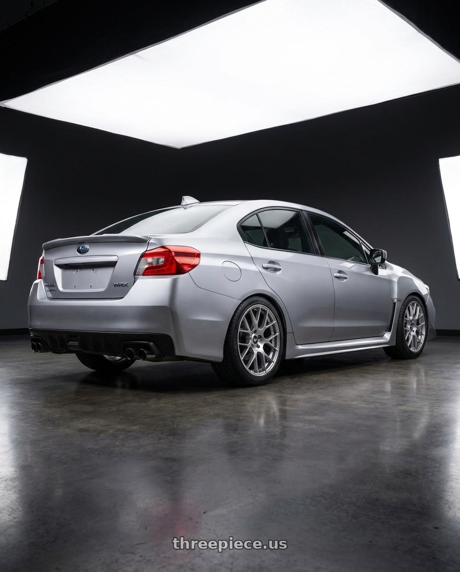 2018 Subaru WRX base with Enkei Raijin 5x100 18x8+45 Hyper Silver wheels rear three quarter view square tires