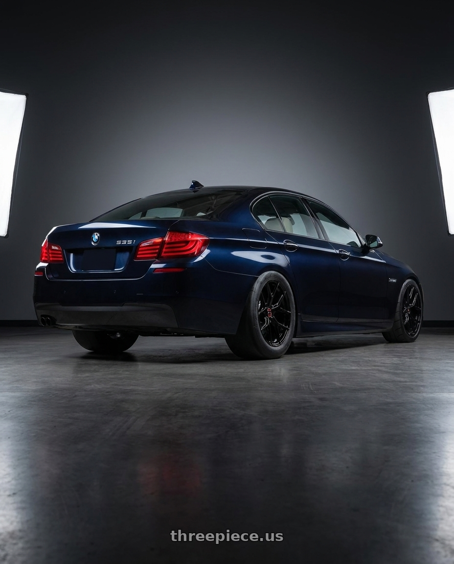 2012 BMW 535i with VOSSEN HF-5 5X114.3 19x9.5 +40 GLOSS BLACK wheels rear three quarter view excessive tires