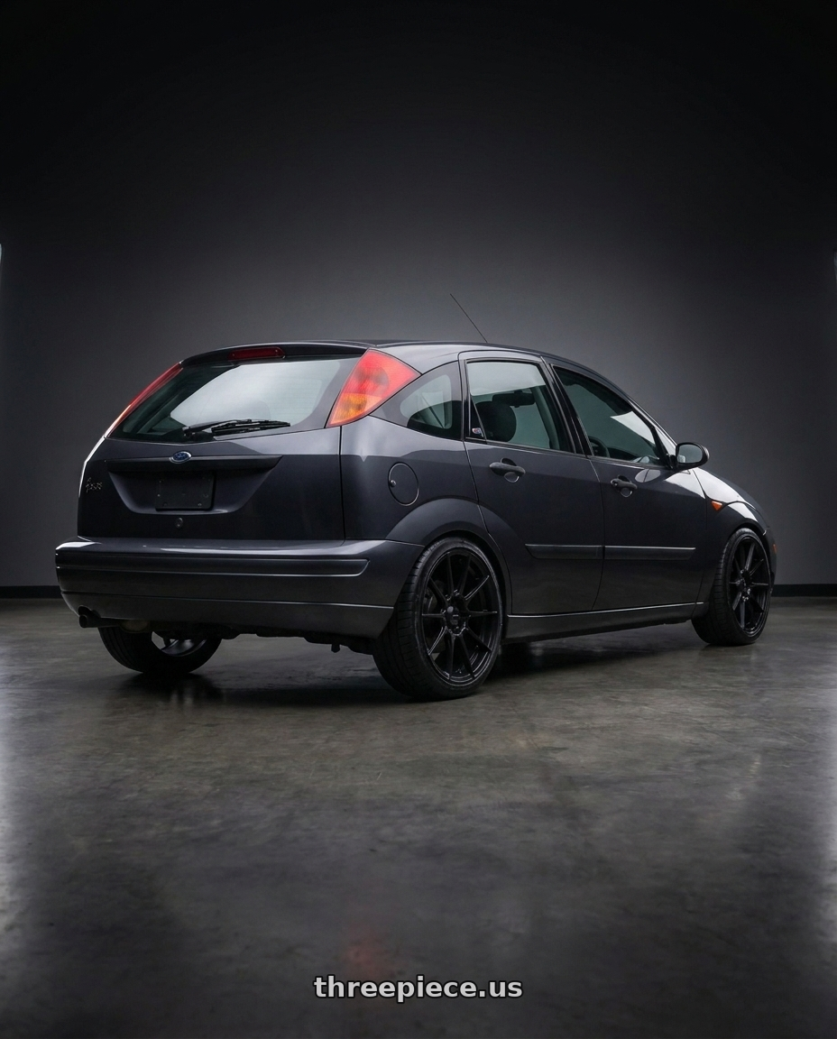 2004 ford focus hatchback with Advanti Racing 79B Storm S1 5X112 17x9 +30 Matte Black wheels rear three quarter view square tires