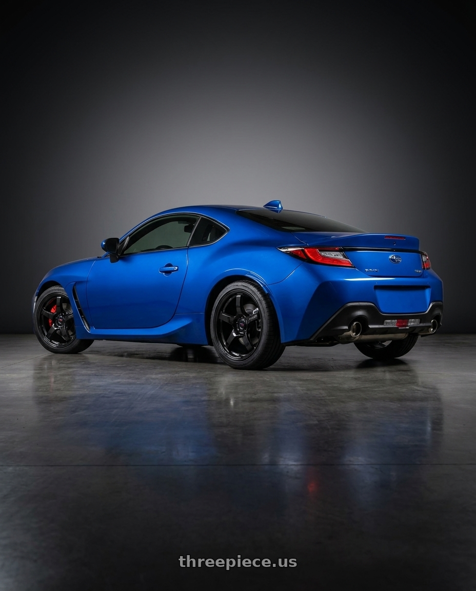 2023 SUBARU BRZ with Gram Lights 57CR 5x100 18x7.5+50 Glossy Black wheels rear three quarter view square tires