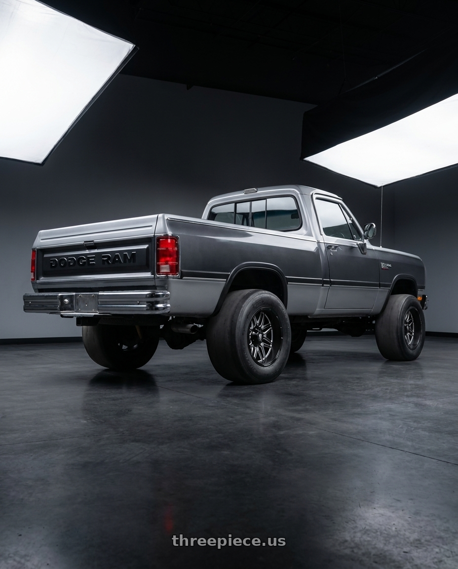 1992 Dodge w250 Le with American Truxx Grind AT151 8x170 20x9+12 Matte Black/milled wheels rear three quarter view excessive tires