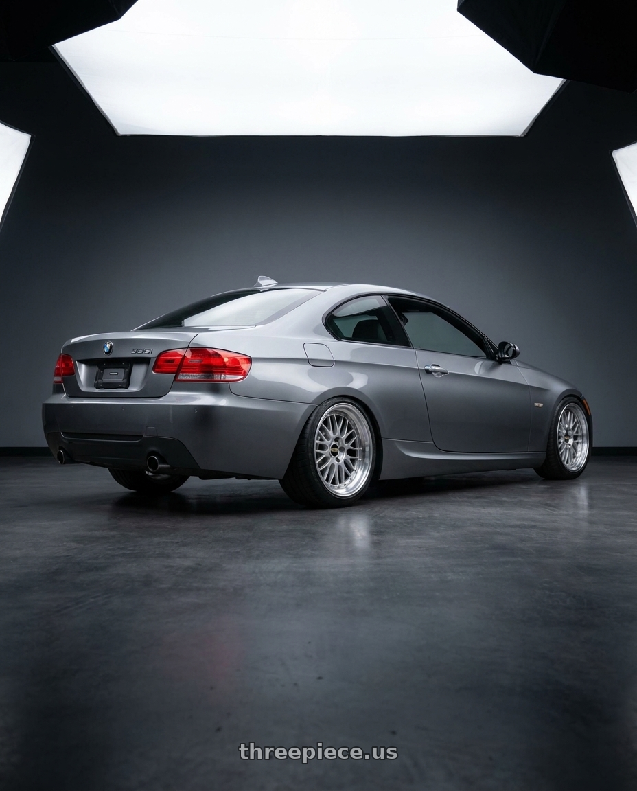 2009 e92 335i m sport highline coupe, space grey with BBS LM 5x120 19x9.5+35 Diamond Silver wheels rear three quarter view meaty tires