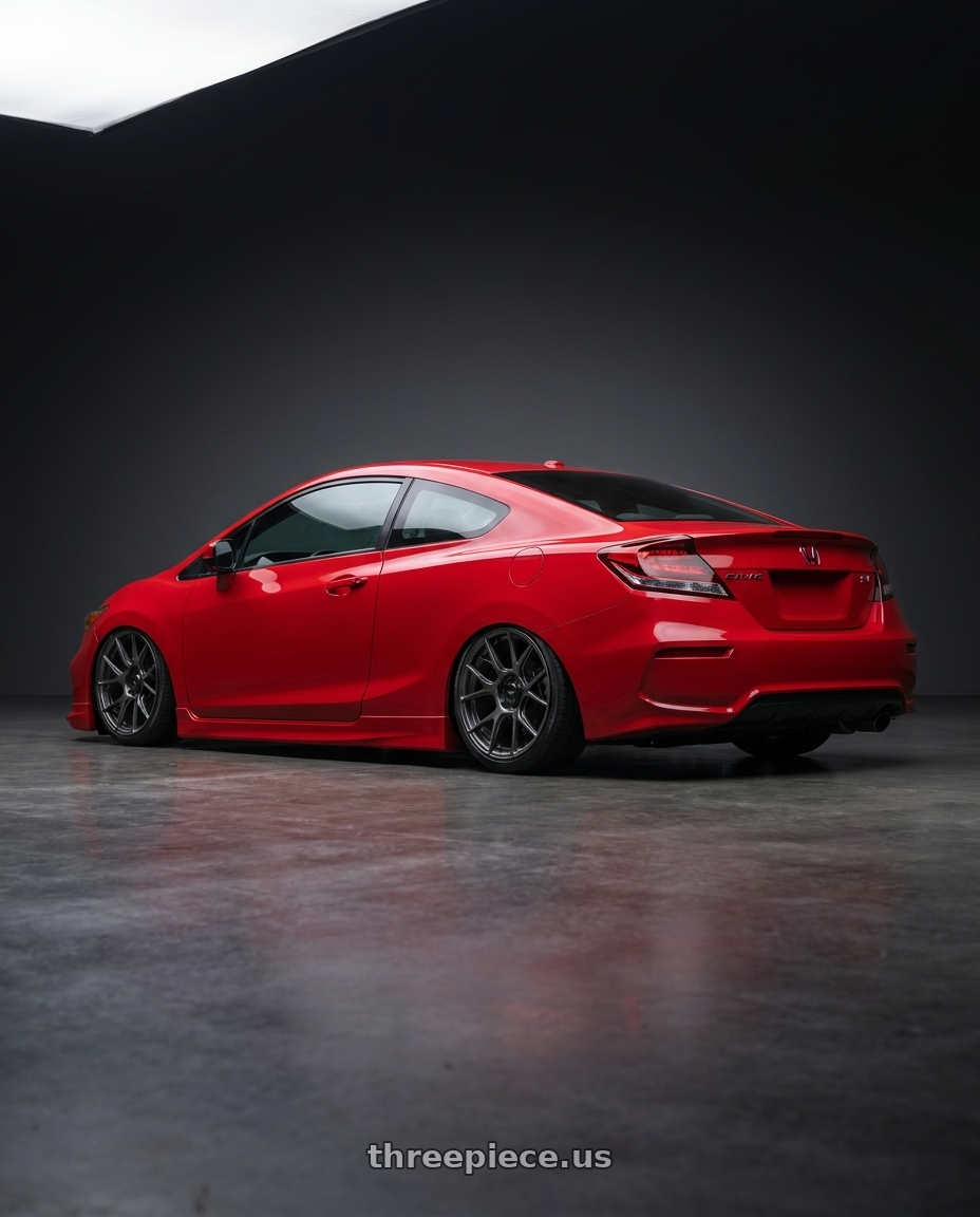 2011 Honda Civic Si with Konig Ampliform 5x114.3 18x9.5+35 Dark Metallic Graphite wheels rear three quarter view slight stretch tires