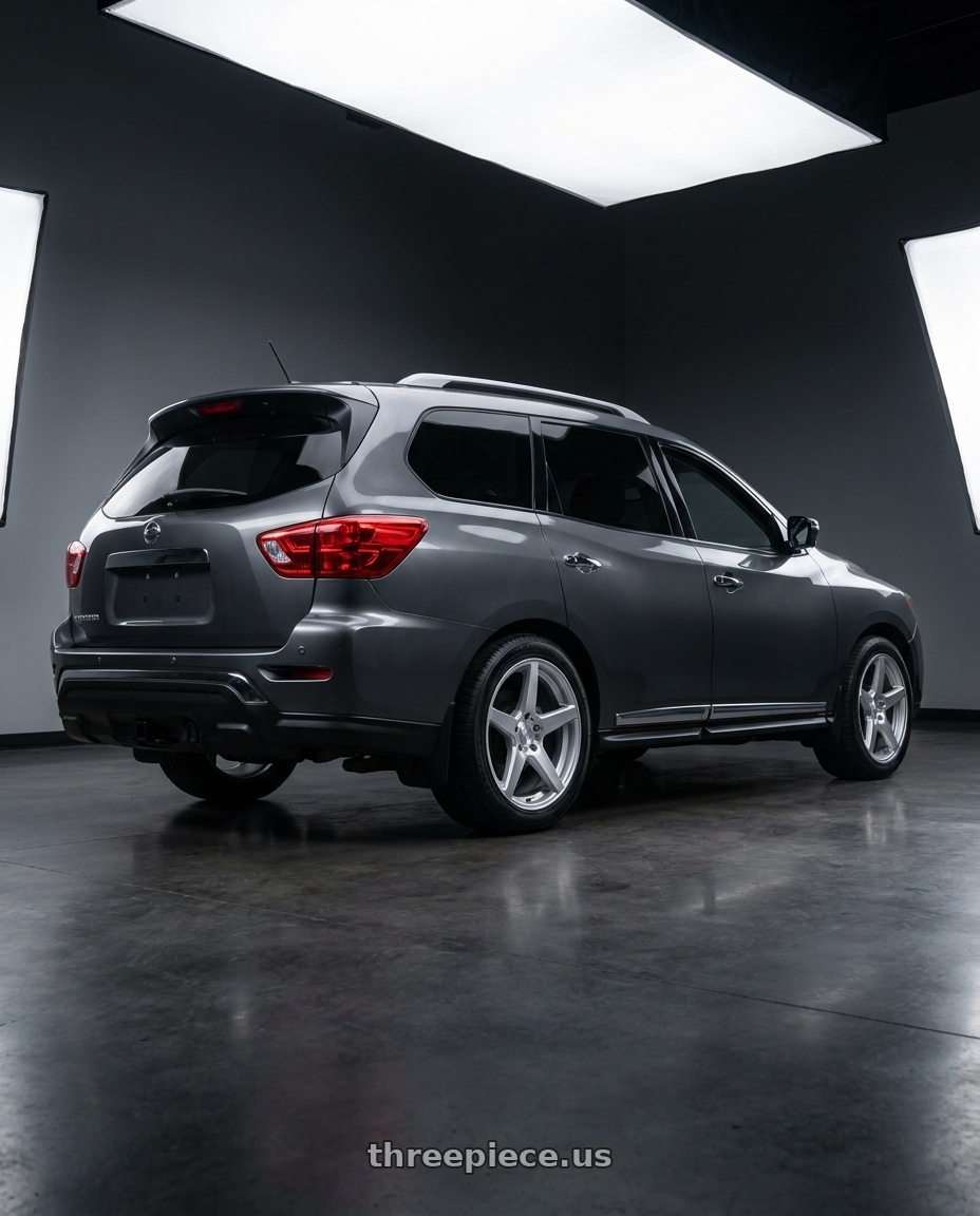 2018 Nissan Pathfinder with HERITAGE WHEEL EBISU MONOC 5x114.3 19x8.5 +35 SILVER wheels rear three quarter view square tires