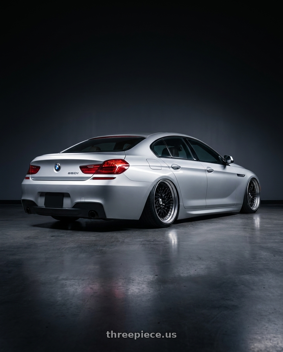 2015 BMW 650i with Work Gran Seeker Ccx 5x100 20x11+-7 A Disk Black wheels rear three quarter view extreme stretch tires