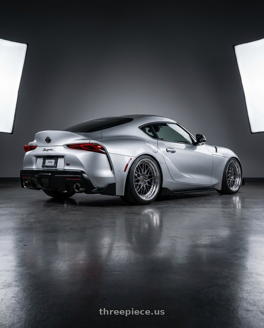2020 gr supra premium with Work Vs-Xv 5x112 20x9.5+27 R Disk Brilliant Silver Black wheels rear three quarter view square tires