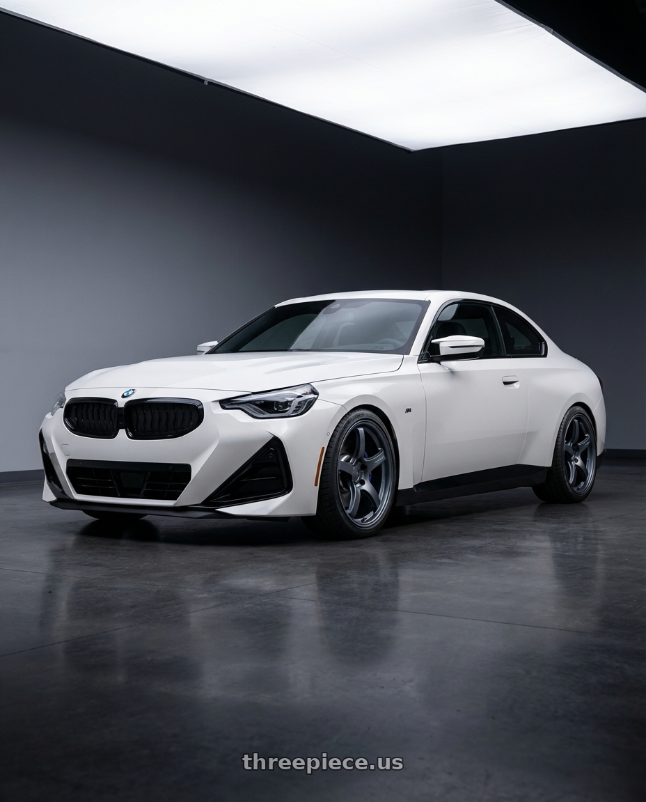 2024 BMW 2 Series G42 with Gram Lights 57CR 5x112 19x9.5+25 Gunblue II wheels front three quarter view lowered stance