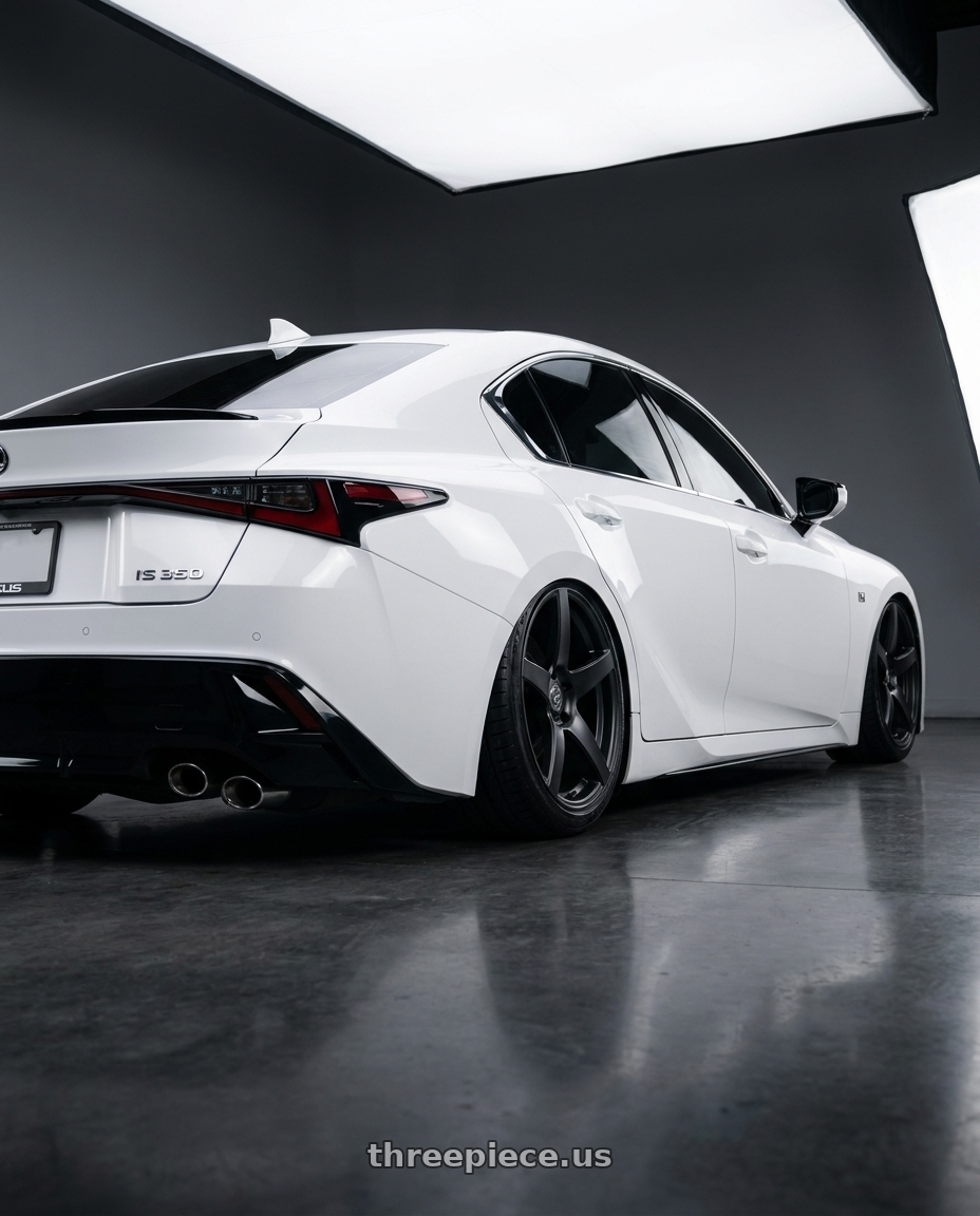 2024 Lexus IS 350 with Forgestar CF5 5x114.3 19x10 +42 Satin Black wheels rear three quarter view slight stretch tires