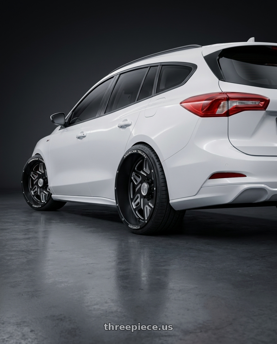 2021 Ford focus  with American Truxx Forged Orion ATF1908 8x165.1 22x12-44 Matte Black/Milled wheels rear three quarter view square tires