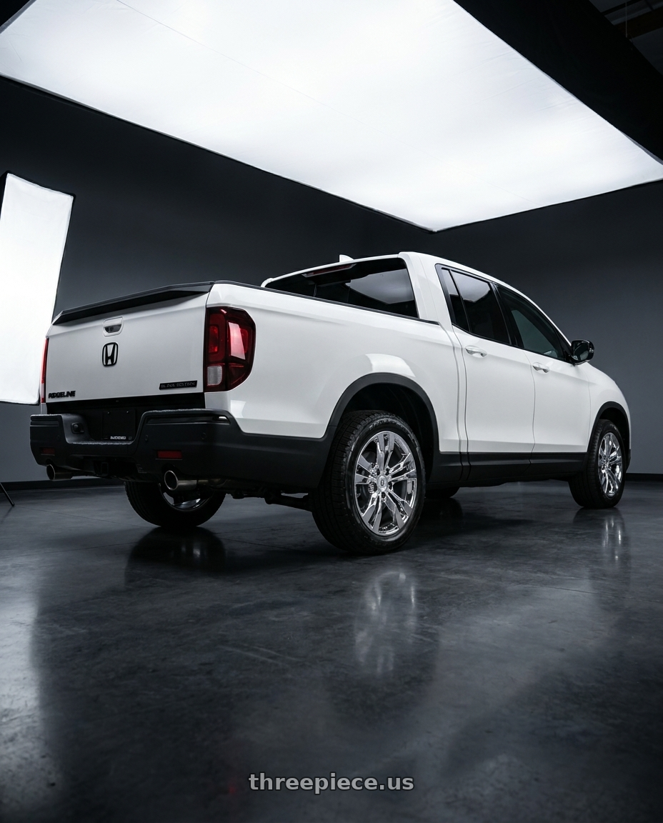 2026 Honda Ridgeline lack Edition with OE Wheels CA15C 5x120 18x8.5+32 Chrome wheels rear three quarter view square tires
