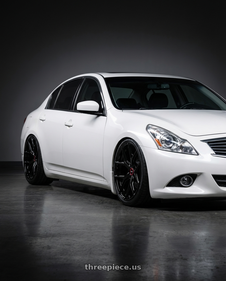 2014 Infiniti G37 Coupe with Vossen HF-5 19x8.5 / 5x114.3 / ET32 / Flat Face / 73.1 - Gloss Black Wheel - HF5-9N60 wheels front three quarter view stanced stance