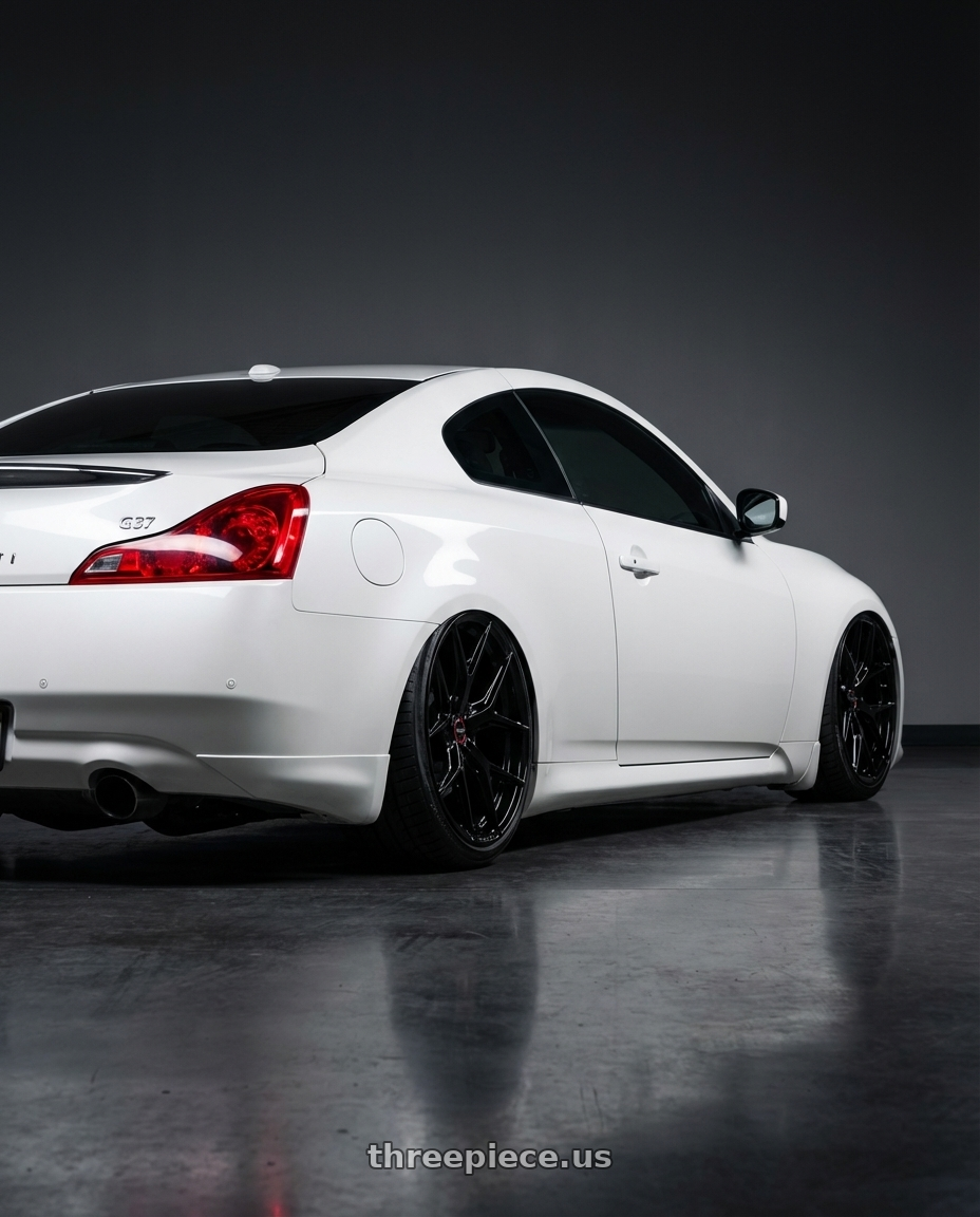 2014 Infiniti G37 Coupe with Vossen HF-5 19x8.5 / 5x114.3 / ET32 / Flat Face / 73.1 - Gloss Black Wheel - HF5-9N60 wheels rear three quarter view slight stretch tires