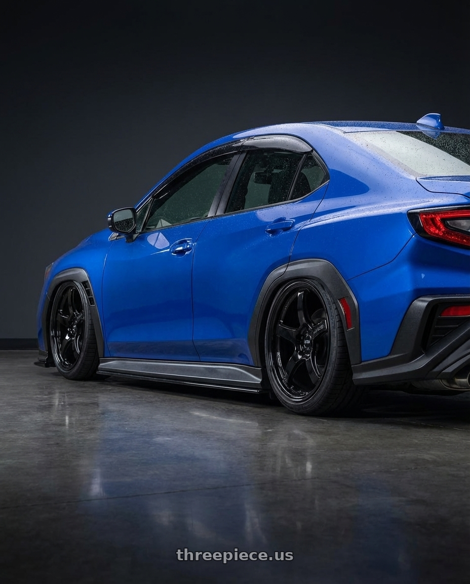 2024 Subaru WRX with Gram Lights 57CR 5x114.3 19x9.5+35 Glossy Black wheels rear three quarter view slight stretch tires