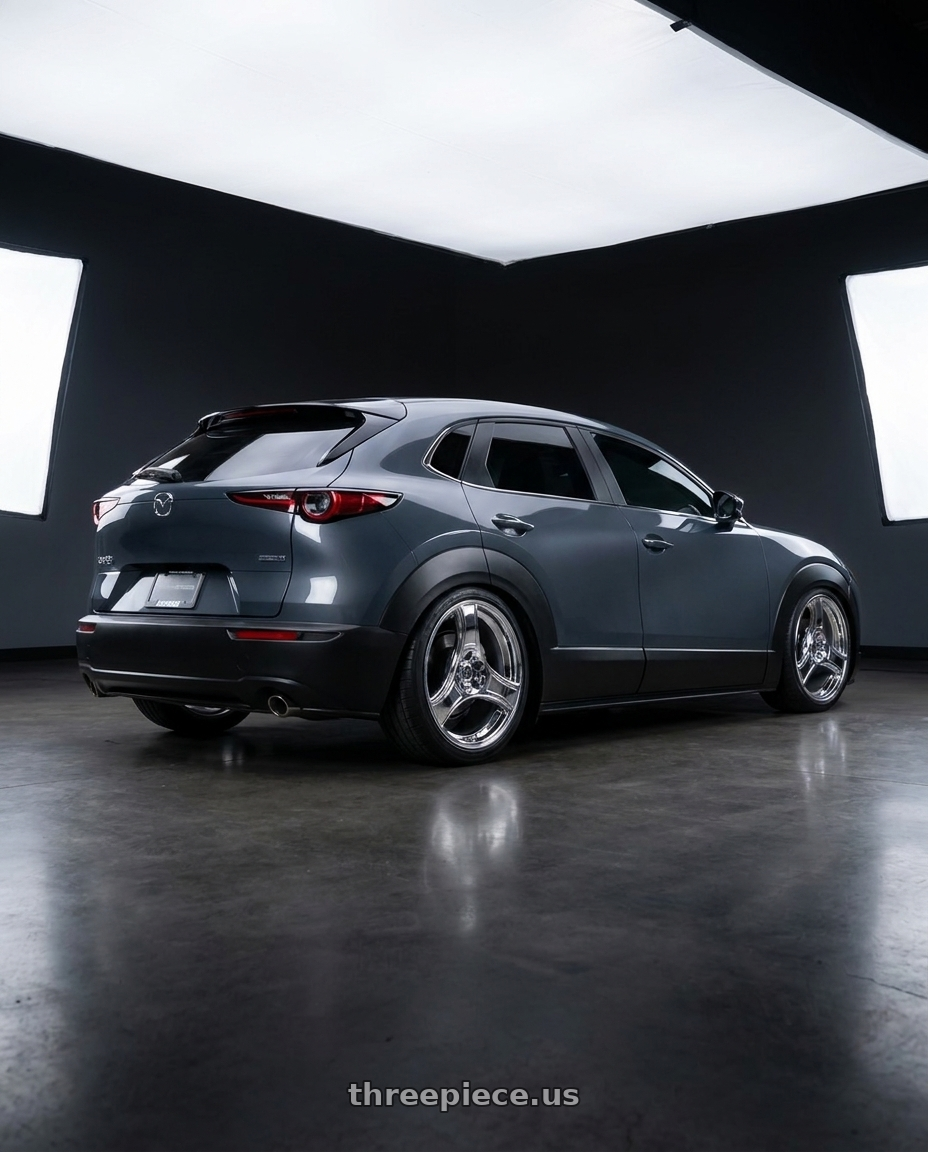 2023 Mazda cx30 with HERITAGE WHEEL BUSHIDO MONOC 5x100 18x8.5 +35 CHROME wheels rear three quarter view square tires