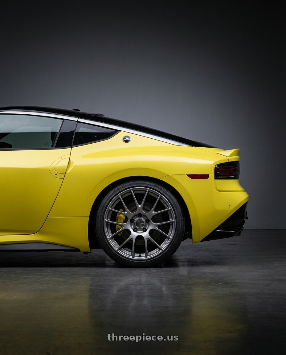 2024 Nissan Z with Ssr Gtv04 5x114.3 19×8.5x8.5+38  METALLIC GRAY wheels rear three quarter view square tires