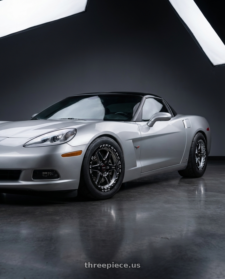 2008 Chevrolet Corvette  with WELD Street Performance Ventura Six Beadlock 6x139.7 20x10 +12 Gloss Black/Milled Diamond Cut Lip wheels front three quarter view lowered stance