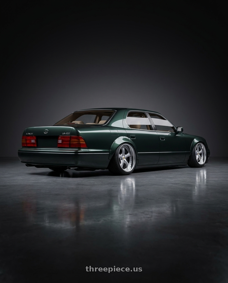 1990 Lexus Ls400 with Work Wheels VS-KF 5x114.3 18x7.5+40 Light Grey Silver O Disk FULL REVERSE wheels rear three quarter view square tires