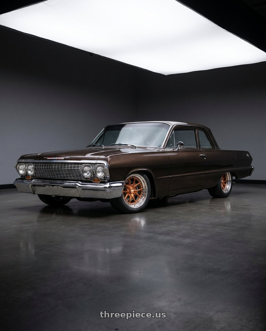 1963 Chevrolet Biscayne with CCW CZ05 5x120.65 16x8 +0 Polished wheels front three quarter view lowered stance