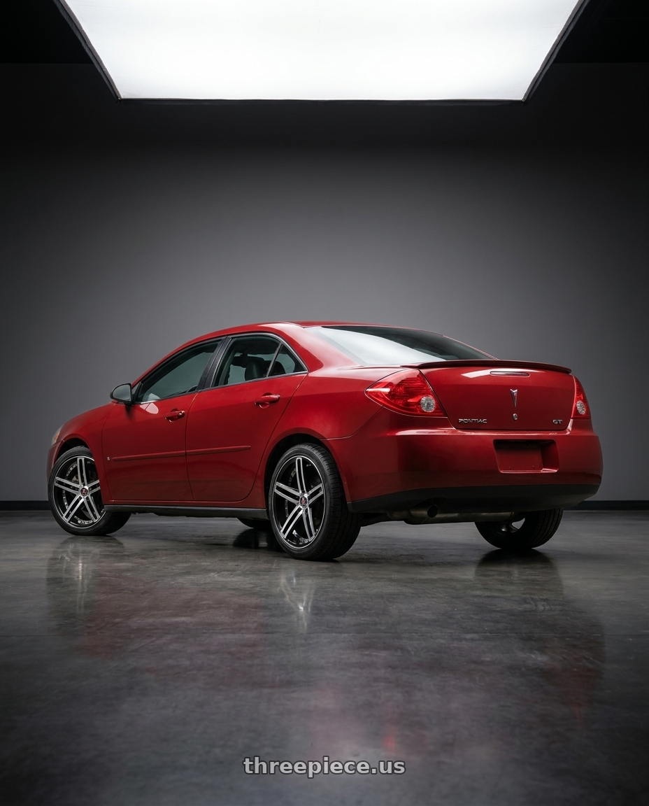 2008 Pontiac G6 GT with Axe EX20 5x110 20X8.5+38 BLACK AND POLISHED FACE wheels rear three quarter view square tires