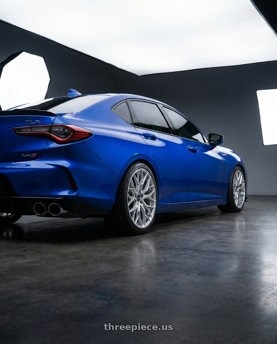 2021 tlx type s apex blue with F1R FS3 5x120 19x9.5 +38 Machine Silver wheels rear three quarter view square tires
