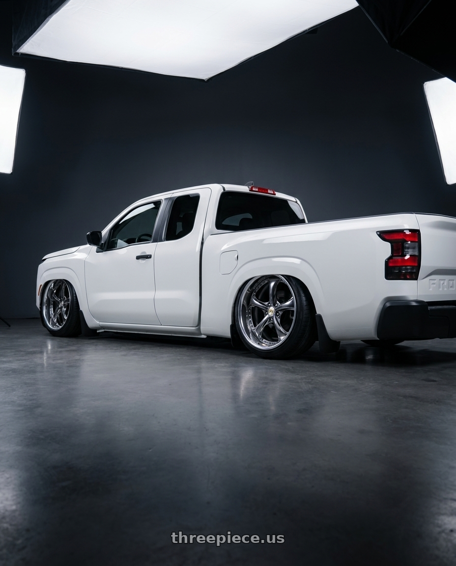 2025 nissan frontier king cab with Work Wheels VS-KF 5X114.3 19x8-10 Brilliant Silver Black A Disk FULL REVERSE wheels rear three quarter view extreme stretch tires