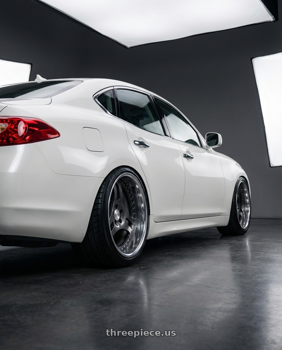 2013 Infiniti M37X  with Heritage Wheel TSUKUBA wheels rear three quarter view meaty tires