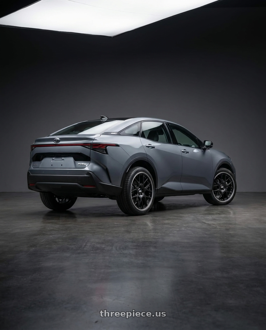 2026 Toyota bz3x with BBS CH-RII 5x108 22x9.5 +37 Satin Black Center Platinum Lip SS Rim Protector wheels rear three quarter view square tires