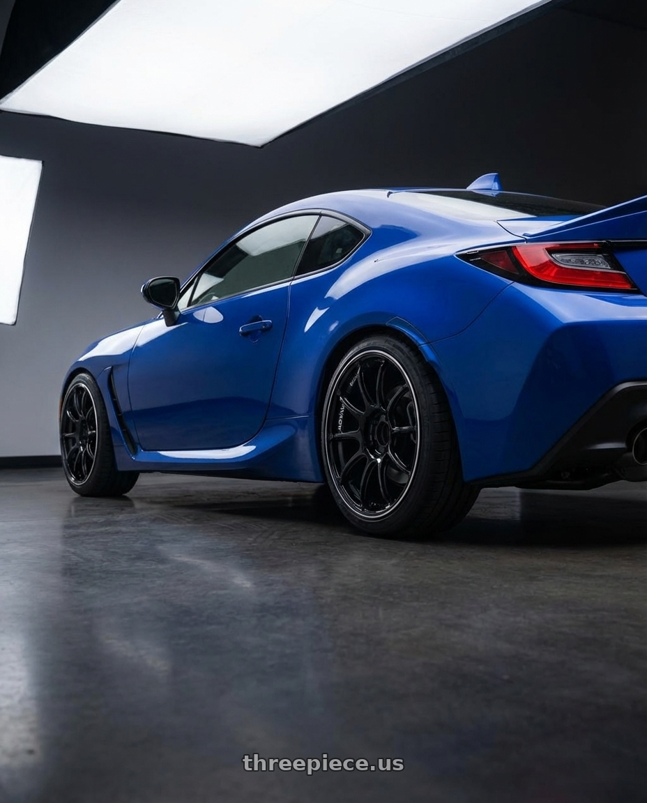 2024 Subaru BRZ with Advan RZ II 5x114.3 18x8.0+53 Racing Gloss Black and Ring wheels rear three quarter view square tires