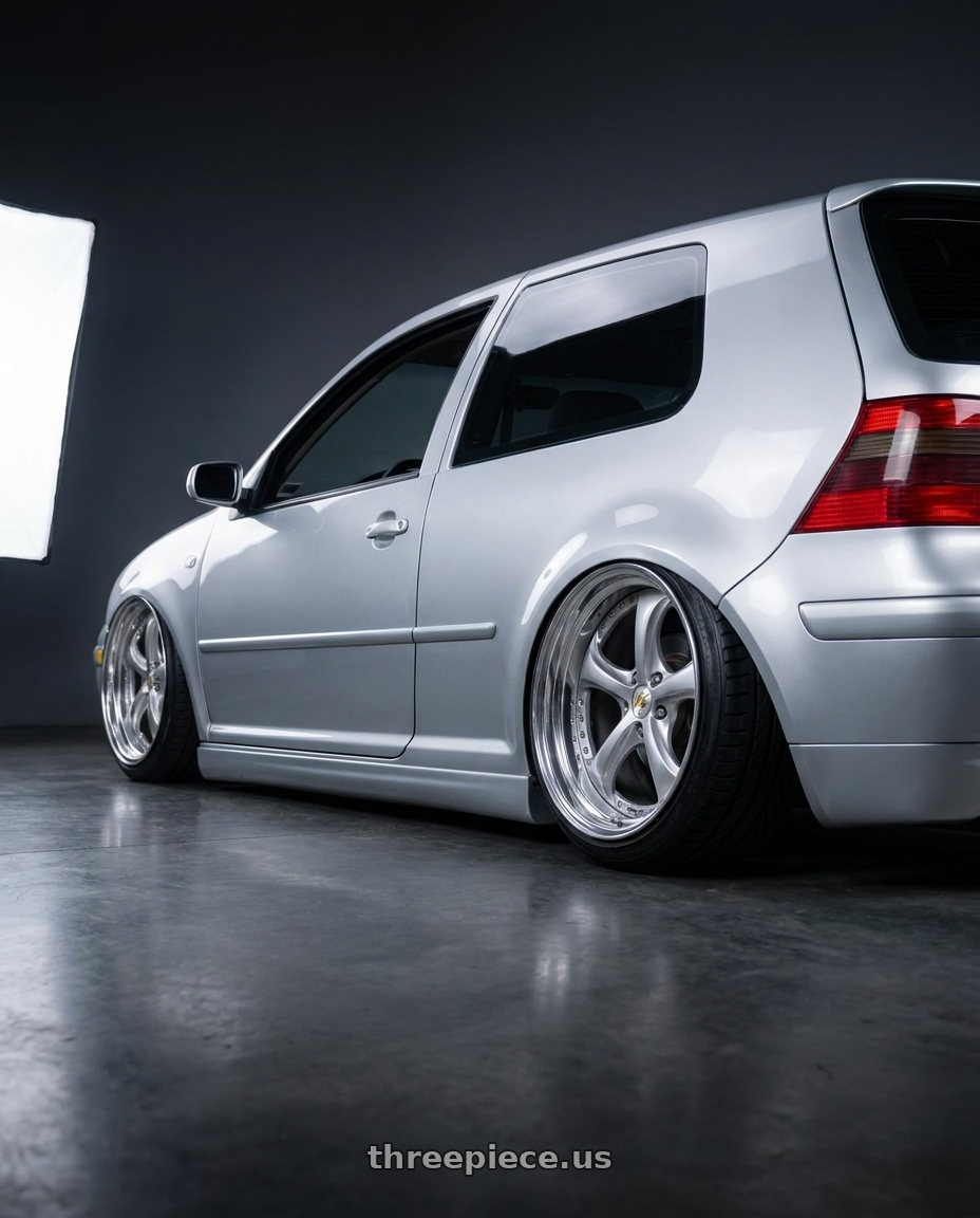 2002 VW GTI with Work Wheels VS-KF 5x100 18x8.5+34 Light Grey Silver A Disk FULL REVERSE wheels rear three quarter view slight stretch tires