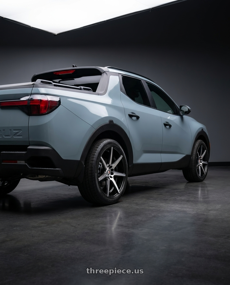 2026 Hyundai Santa Cruz SEL Activity with Spec-1 SP-73 5x114.3/5x120 18x8 +38 Gloss Black & Machined & Undercut wheels rear three quarter view square tires