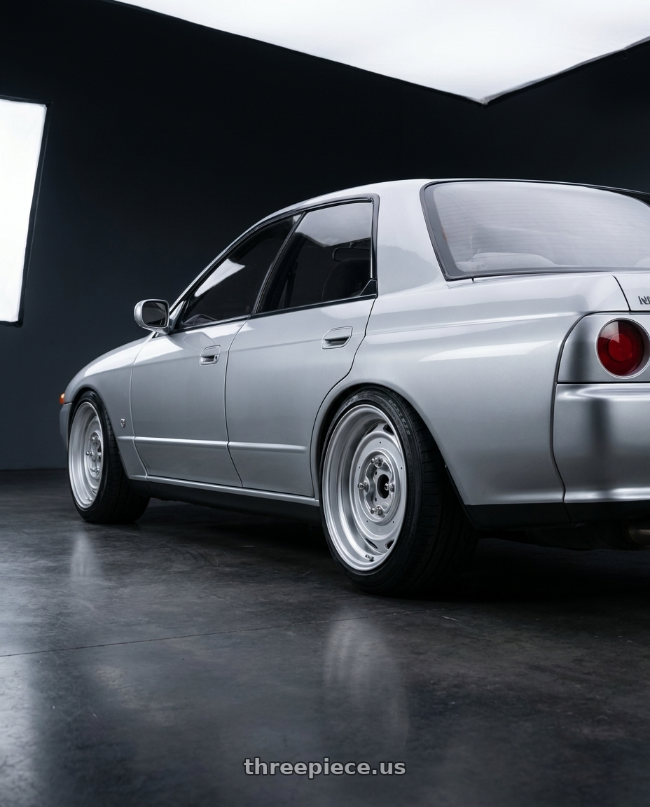 1992 skyline gts with Mobelwagen MW430S Interceptor 4X130 15x5.5 20 Silver wheels rear three quarter view slight stretch tires