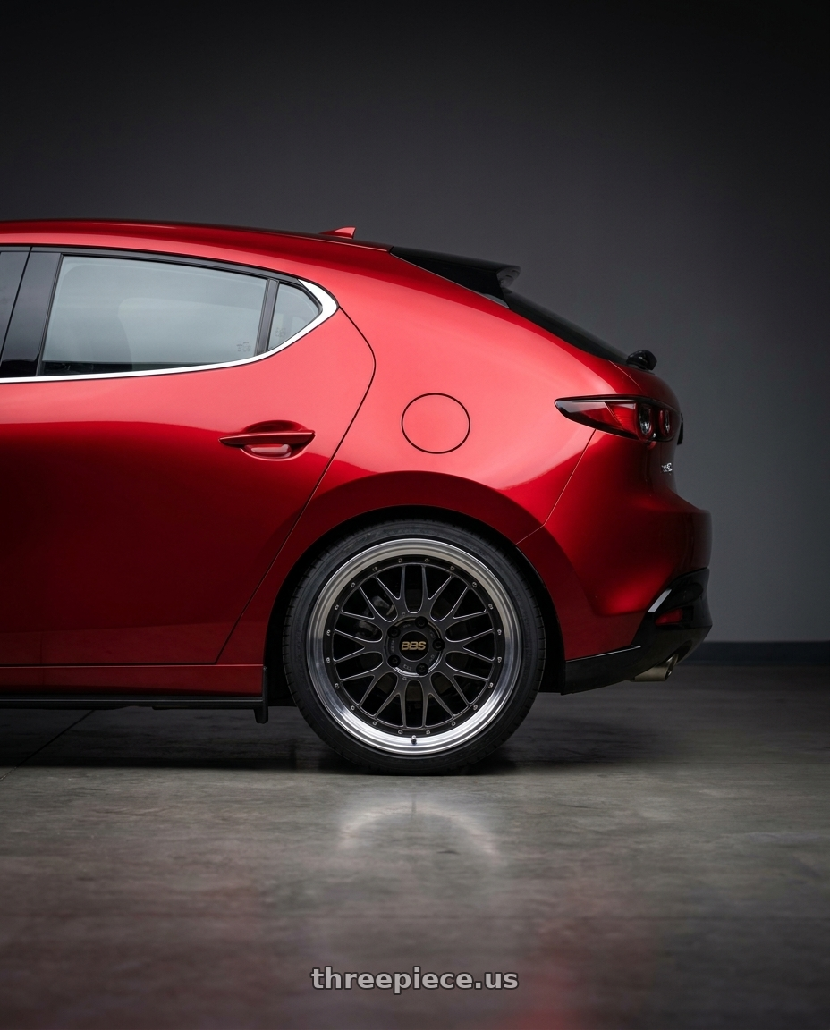 2024 Mazda 3 with BBS LM 5x114.3 19x8.5+43 Diamond Black wheels rear three quarter view slight stretch tires