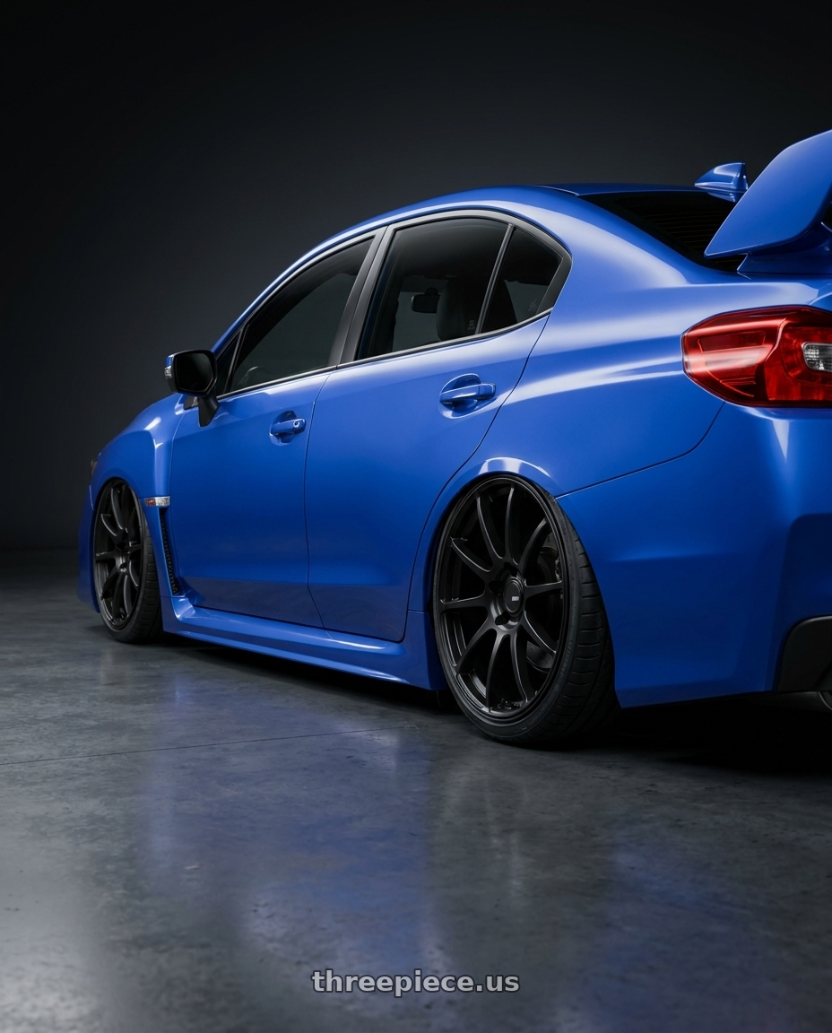 2013 Subaru WRX STI with Ssr Gtv02 5x114.3 18x8.5+40  FLAT BLACK wheels rear three quarter view slight stretch tires
