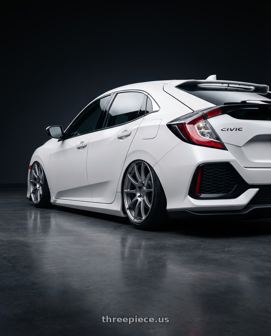 2019 Honda Civic with Ssr Gtv02 5x114.3 19x8.5+38  GLARE SILVER wheels rear three quarter view slight stretch tires