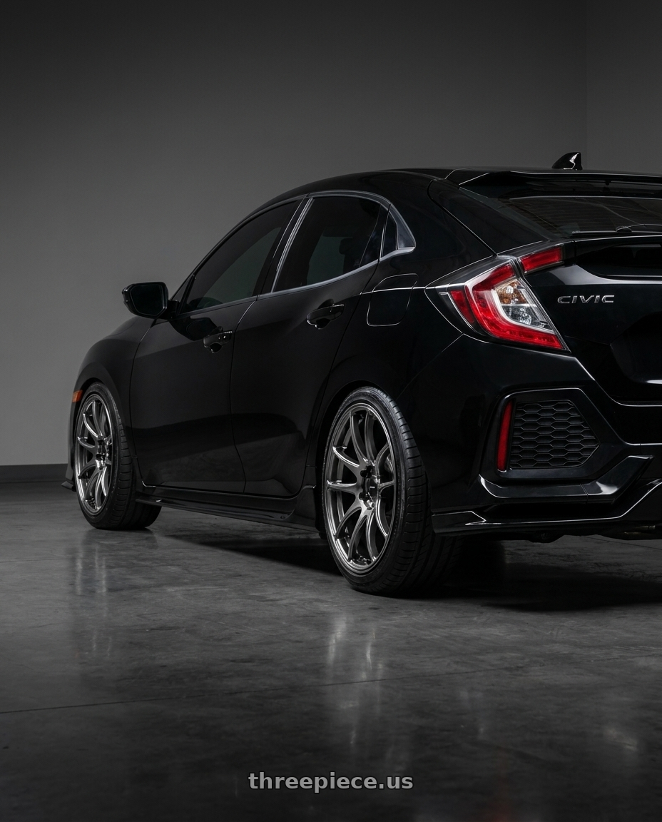 2018 Honda Civic Hatchback with Vors TR4 5x114.3 18x9.5  +22 Hyper Black wheels rear three quarter view square tires