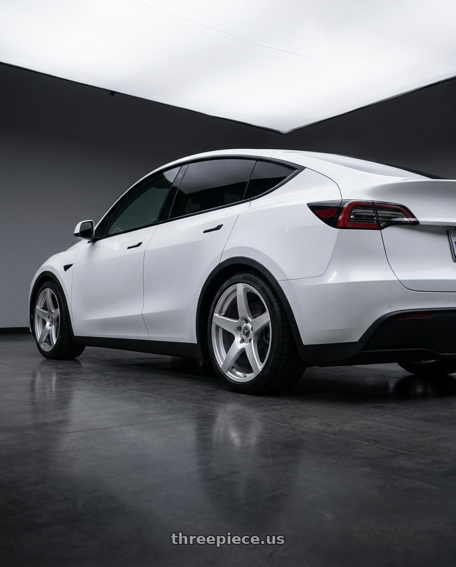 2020 Tesla Model Y Long with Forgestar CF5 5x114.3 20x9 +35 Gloss Silver wheels rear three quarter view square tires