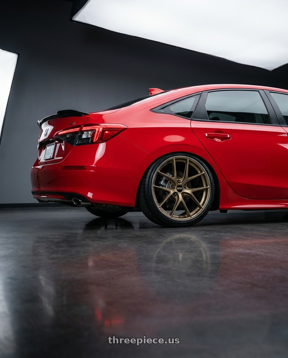 2026 Honda Civic Si with BBS CI-R 5x120 19x8.5 +35 Bronze Polished Rim Protector wheels rear three quarter view slight stretch tires
