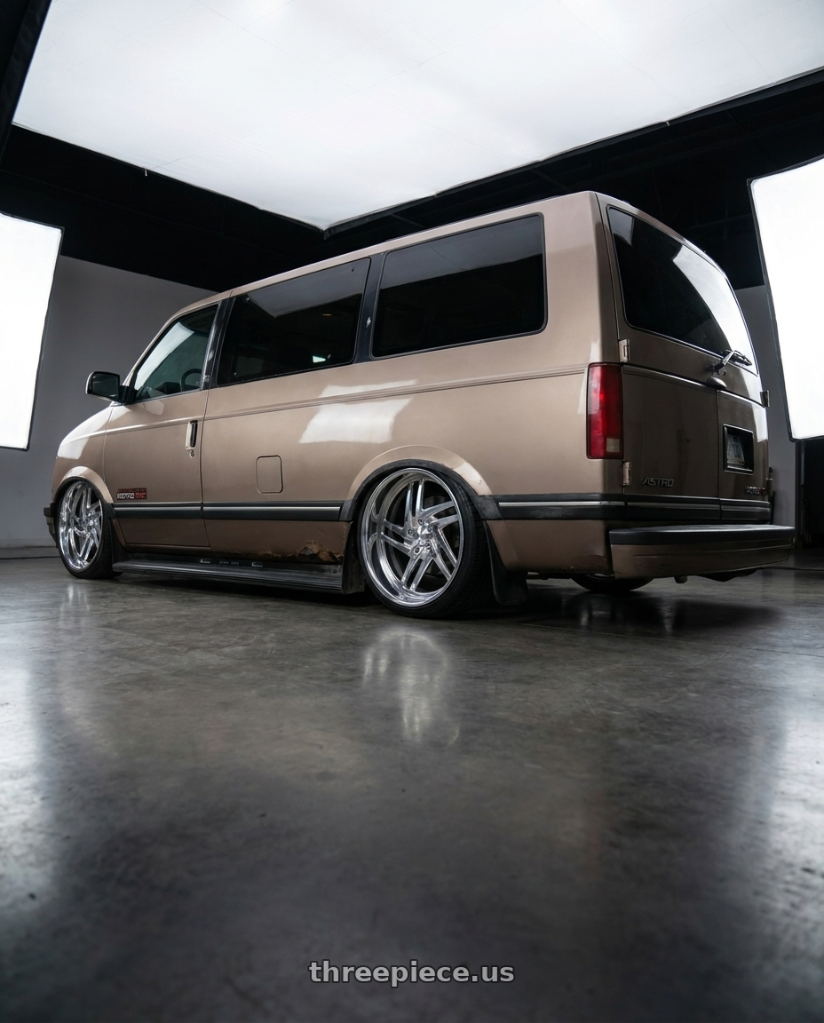 1994 Chevy Astro with US Mag 1PC NEMESIS 6x139.7 24x10 +25 Polished wheels rear three quarter view extreme stretch tires
