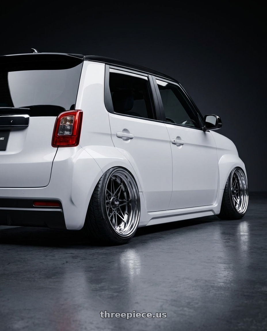 2026 Honda Super-One with EQUIP 03 Black Polish 4x100 15x13 -6 wheels rear three quarter view extreme stretch tires