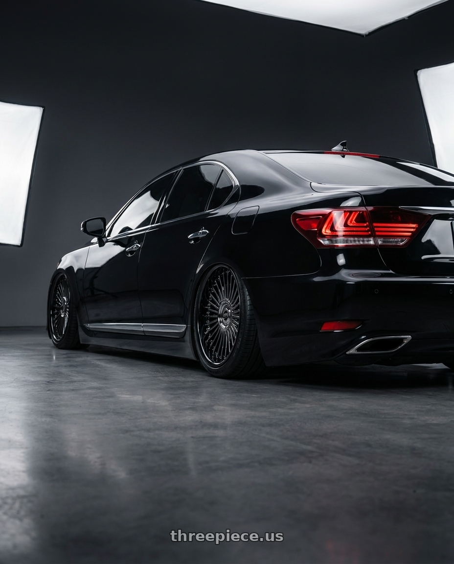 2014 Lexus LS460L,Black with Work Emitz Black Polish 5x100 19x10.0 +12 wheels rear three quarter view slight stretch tires