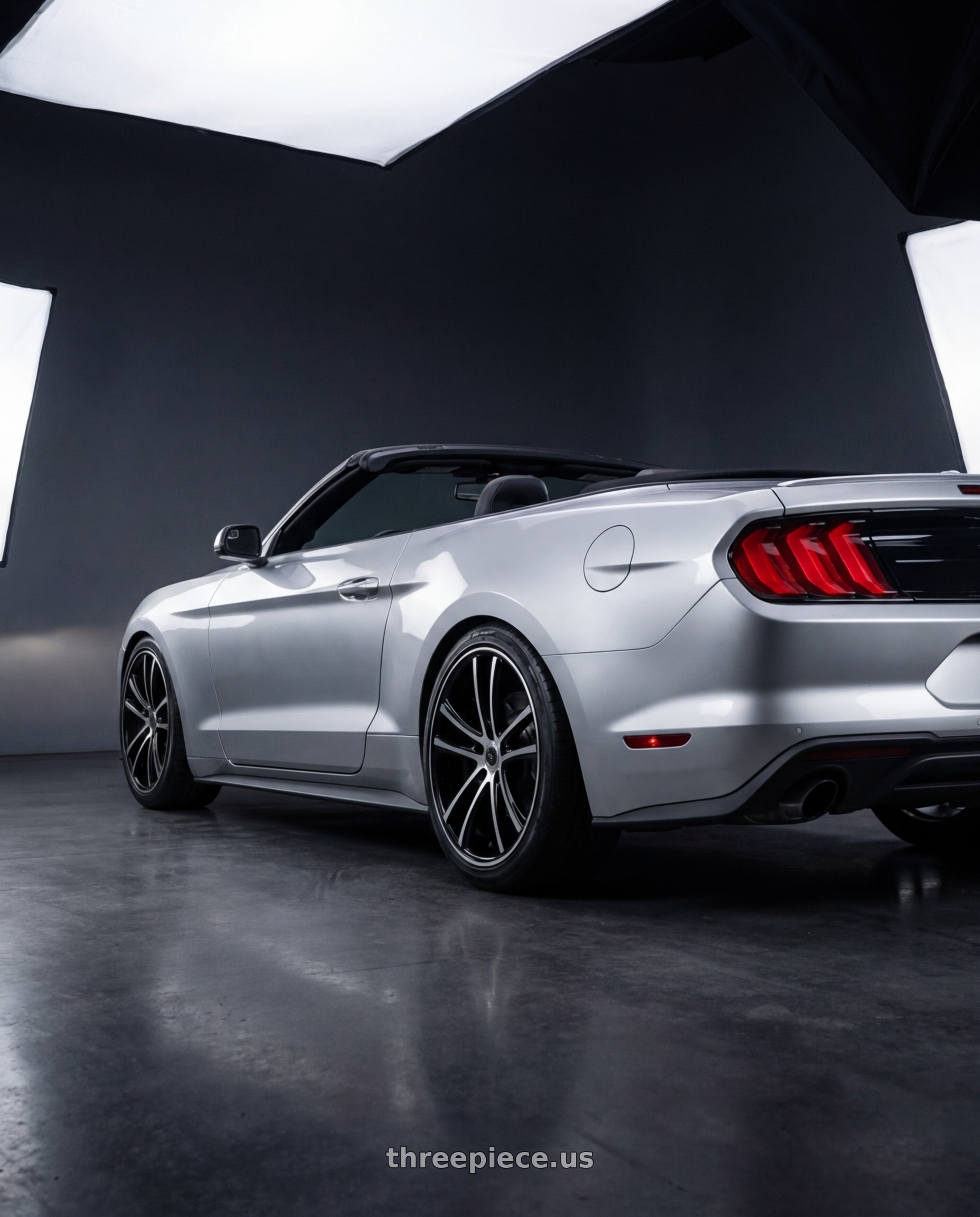 2018 ford mustang with Asanti Black ABL-1 PEGASI 5X114.3 20X10 +35 MACHINED FACE W/ BLACK LIP wheels rear three quarter view slight stretch tires