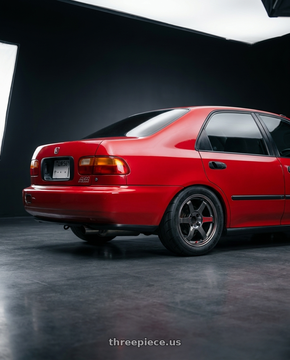 1995 honda civic eg sedan with Volk Racing TE37 Sonic SL 4x100 16x8.0+24 wheels rear three quarter view meaty tires
