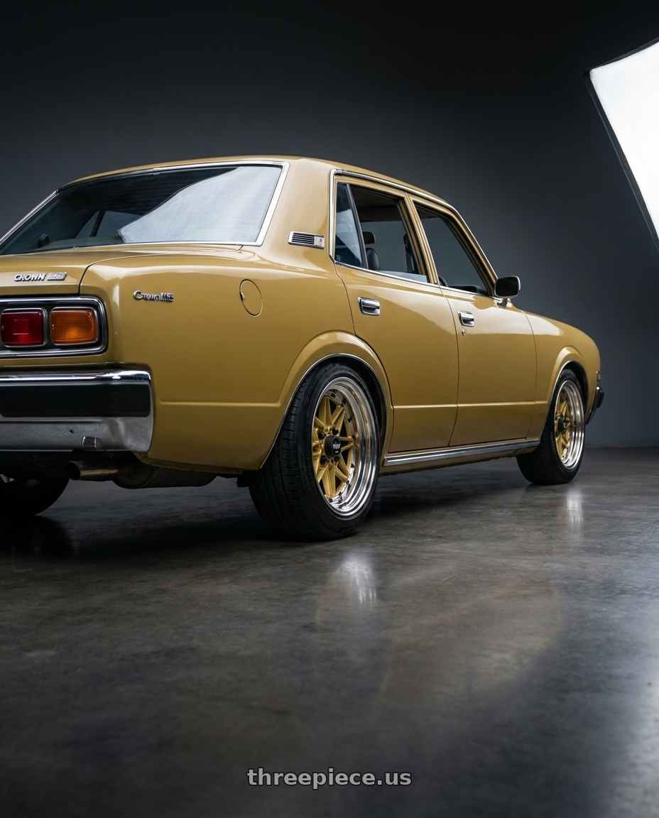 1976 toyota crown MS85 with WORK Equip 03 4x100 15x11 -31 GOLD wheels rear three quarter view slight stretch tires