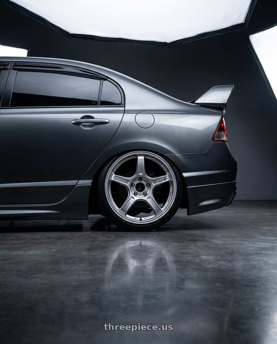 2009 honda civic FD1 with Ssr Gtx03 5x114.3 18x8.5+45  PLATINUM SILVER wheels rear three quarter view slight stretch tires