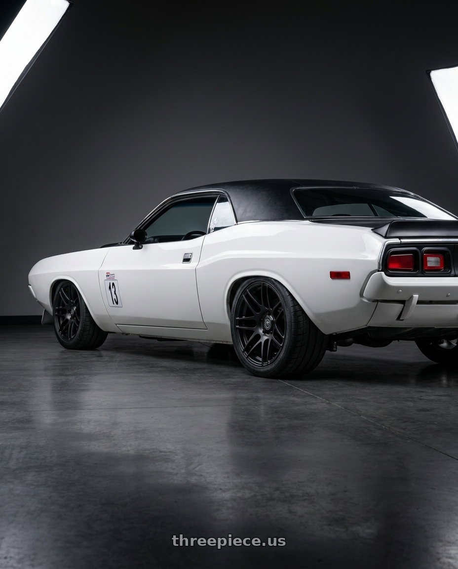 1980 dodge challenger with Forgestar F14 5x114.3 18x10 +42 Satin Black wheels rear three quarter view square tires