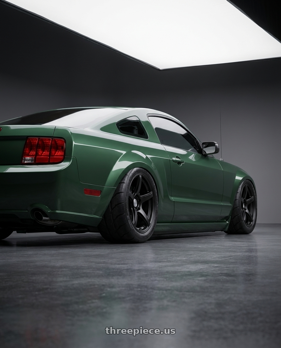 2008 Ford Mustang Bullitt with Work Emotion T5R wheels rear three quarter view meaty tires