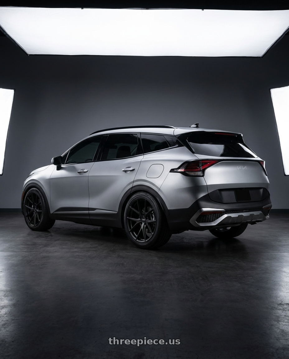 2025 KIA Sportage, Matte Silver with Bravado 08B Tribute 5x114.3 19x10.5 +45 Matte Black wheels rear three quarter view square tires